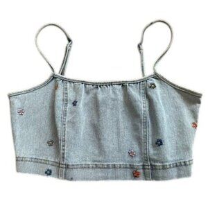 Indigo Rein Blue Denim Embroidered Floral Crop Top Zipper Back Corset, Medium